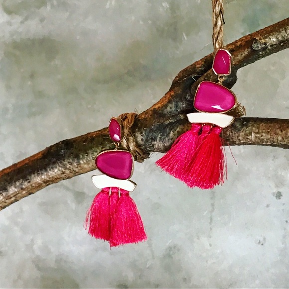 Hot pink tassel statement long dangle earrings - Picture 1 of 7